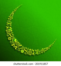 Beautiful floral decorated crescent moon on green background for the holy month of Muslim community Ramadan Mubarak celebrations. 