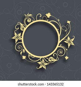 Beautiful Floral Decorated Golden Photo Frame On Abstract Background.