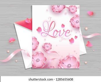 Beautiful floral decorated greeting card design for Valentine's Day celebration concept.