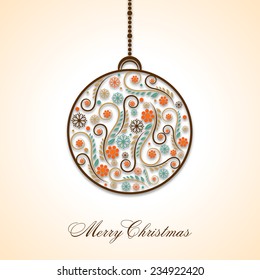 Beautiful floral decorated hanging X-mas ball with wishing text on shiny background for Merry Christmas celebrations.