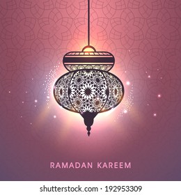 Beautiful floral decorated illuminate arabic lantern on shiny peach background, greeting card design for Ramadan Kareem, holy month of Ramadan Kareem. 