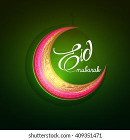 Beautiful floral decorated shiny moon with stylish text of Id Mubarak for Islamic Festival Id.
