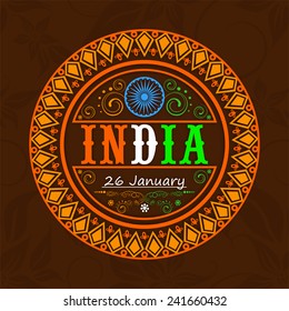 Beautiful floral decorated sticker or label design with national tricolor text India and Ashoka Wheel for 26 January, Indian Republic Day celebration.