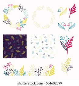 Beautiful Floral Decoration set. Collection of botanical seamless pattern, border, wreath and bouquet elements. Design for invitation, wedding or greeting cards