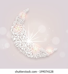 Beautiful floral design decorated crescent moon on shiny background for holy month of Muslim community Ramadan Kareem. 