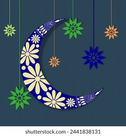 Beautiful floral design decorated crescent moon with colorful hanging flowers for holy month of Muslim community, Ramadan Kareem celebration.