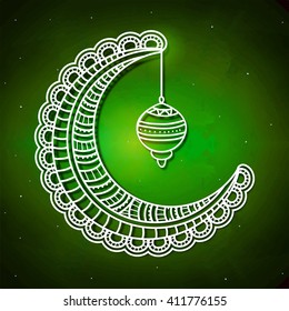 Beautiful floral design decorated Crescent Moon with hanging Lamp on shiny green background for Islamic Festivals celebration.