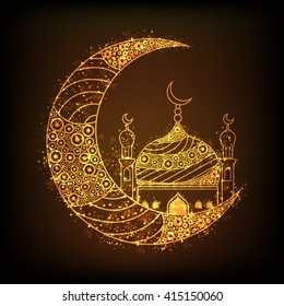 Beautiful floral design decorated, Glowing Golden Crescent Moon with Mosque on brown background for Islamic Festivals celebration.