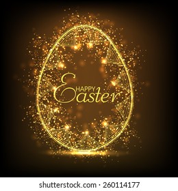 Beautiful floral design decorated golden egg on brown background for Happy Easter celebration.