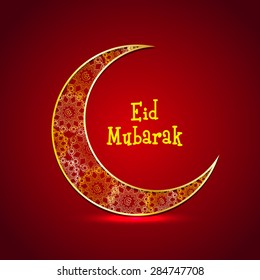 Beautiful floral design decorated golden crescent moon on shiny background for Muslim community festival, Eid celebration.