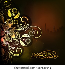 Beautiful floral design decorated greeting or invitation card with Arabic Islamic calligraphy of text Ramadan Kareem on mosque silhouette decorated brown background.