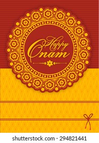 Beautiful floral design decorated greeting or invitation card for South Indian famous festival, Happy Onam celebration.