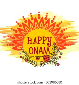 Beautiful floral design decorated greeting card for South Indian festival, Happy Onam celebration.