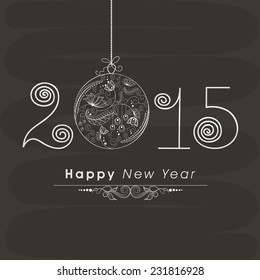 Beautiful floral design decorated hanging X-mas ball with stylish text on dark grey background for Happy New Year celebrations.