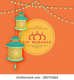 Beautiful floral design decorated hanging traditional lanterns with rope light decoration on seamless orange background for Muslim community festival, Eid Mubarak celebration.