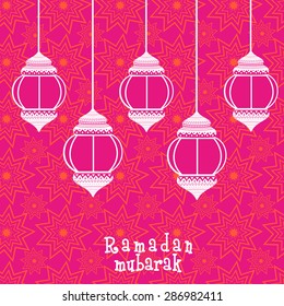 Beautiful floral design decorated hanging lanterns on seamless magenta background for holy month of Muslim community, Ramadan Mubarak celebration.  