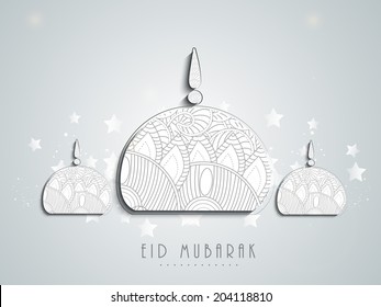 Beautiful floral design decorated mosque on shiny grey background for Muslim community festival Eid Mubarak celebrations. 