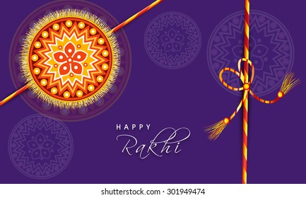 Beautiful floral design decorated rakhi on purple background, Elegant greeting card for Indian festival, Happy Raksha Bandhan celebration.