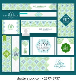 Beautiful floral design decorated social media post and header set with Arabic calligraphy of text Eid Mubarak and Ramadan Kareem for Muslim community festival celebration.