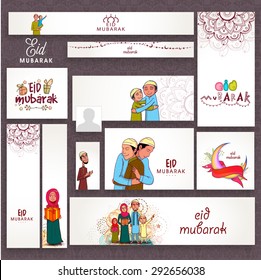 Beautiful floral design decorated social media post, header or banner set with Islamic people and crescent moon for Muslim community festival, Eid Mubarak celebration. 