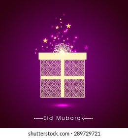 Beautiful floral design decorated wrapped gift box on stars decorated shiny purple background for Islamic holy festival, Eid Mubarak celebration.