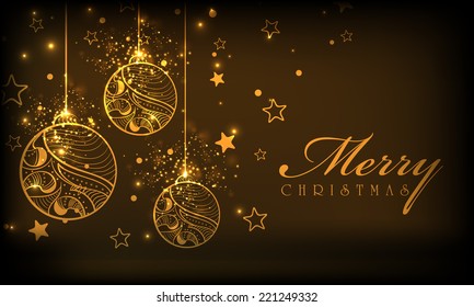 Beautiful floral design decorated Xmas balls on brown background for Merry Christmas celebrations. 