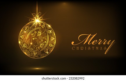 Beautiful floral design decorated X-mas balls on brown background for Merry Christmas celebrations.