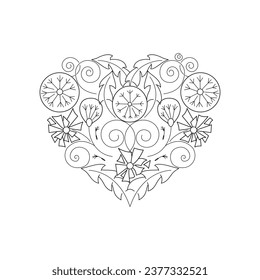 Beautiful floral design element in the shape of a heart. Stylized dandelion flowers and leaves. A great idea for an anti-stress coloring book, a romantic Valentine's Day card or other design.