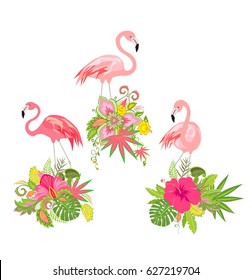 Beautiful floral design with exotic flowers and pink flamingo