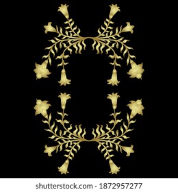 Beautiful floral design or frame with blooming branches. Lily flower or Sacred Datura. Golden glossy silhouette on black background.