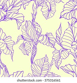 Beautiful floral design with iris flowers - cartoon sketch - vector seamless pattern
