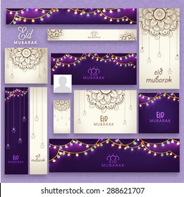 Beautiful floral design and lights decorated social media ads, header or banner set for Muslim community festival, Eid Mubarak celebration.