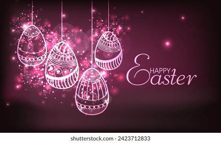 Beautiful Floral Design Painted Eggs Hanging on Dark Pink Light Effect Background for Happy Easter Celebration Concept.