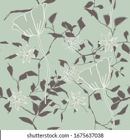 Beautiful floral digital pattern with green poppy flowers on brown branches and green background. Alla are a digital illustration.