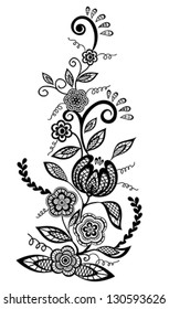 Beautiful floral element. Black-and-white flowers and leaves design element with imitation guipure embroidery. Many similarities to the author's profile