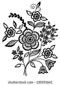 Beautiful floral element. Black-and-white flowers and leaves design element with imitation guipure embroidery. Many similarities to the author's profile