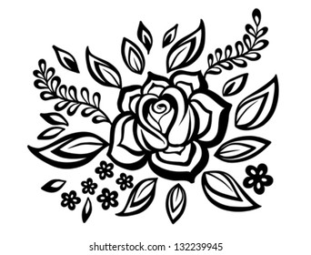 Beautiful floral element. Black-and-white flowers and leaves design element with imitation guipure embroidery. Many similarities to the author's profile