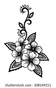 Beautiful floral element. Black-and-white flowers and leaves design element. Floral design element in retro style.