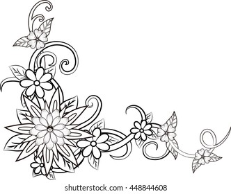 Beautiful floral element. Black-and-white flowers and leaves design element with imitation guipure embroidery.. Many similarities to the author's profile.