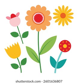 Beautiful Floral Elements Clipart. Set of Simple Flower Illustrations: Pink, Orange, Yellow, Red