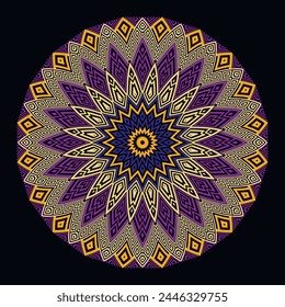 Beautiful floral ethnic greek style colorful round mandala pattern. Vector ornamental circle mandala with flowers, greek key meanders. Modern patterned design. Trendy decorative bright ornaments.