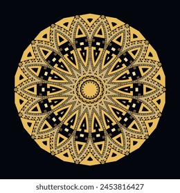 Beautiful floral ethnic style golden round fractal mandala pattern. Vector ornamental circle mandala with flowers. Modern patterned design. Trendy decorative mandala ornaments with zipper. Border.