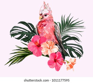  Beautiful floral exotic vector illustration with parrot, tropical leaves, hibiscus. Isolated on white background.  Vintage illustration for greeting card, wallpaper