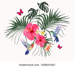 Beautiful floral exotic vector illustration with hummingbirds, tropical leaves, hibiscus, tropical flowers, butterflies. Isolated on white background