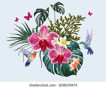 Beautiful floral exotic vector illustration with hummingbirds, tropical leaves, hibiscus, tropical flowers, butterflies. Isolated on white background