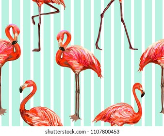 Beautiful floral exotic vector illustration with pink flamingo.  Isolated on abstract stripes  background. Perfect for wallpapers, web page backgrounds, surface textures, textile.