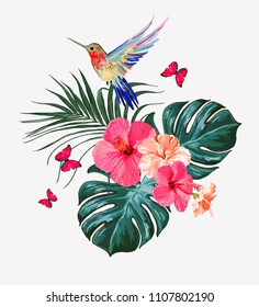 Beautiful floral exotic vector illustration with hummingbird, tropical palm  leaves, hibiscus,. Isolated on white background. 