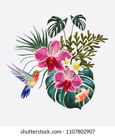 Beautiful floral exotic vector illustration with hummingbird, tropical leaves, hibiscus, orchid, plumeria. Isolated on white background. 