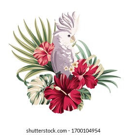 Beautiful floral exotic vector illustration with parrot cockatoo, tropical leaves, hibiscus. Isolated on white background