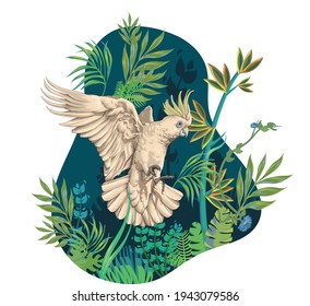 Beautiful floral exotic vector illustration with parrot, tropical leaves, flowers. Isolated on white background. Cockatoo vector art.